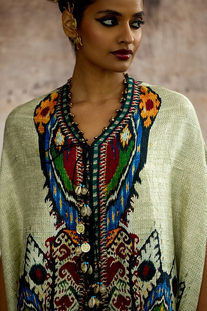 Eggshell & Blue Silk Dupion Printed Cape-Style Tunic Set by Rajdeep Ranawat at Pernia's Pop Up Shop