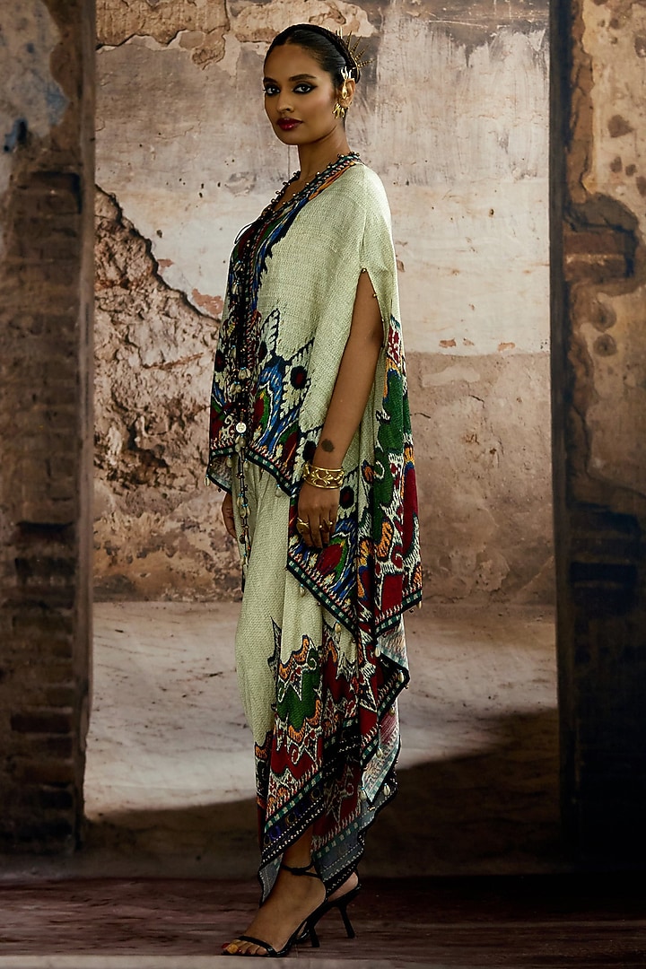 Eggshell & Blue Silk Dupion Printed Cape-Style Tunic Set by Rajdeep Ranawat at Pernia's Pop Up Shop