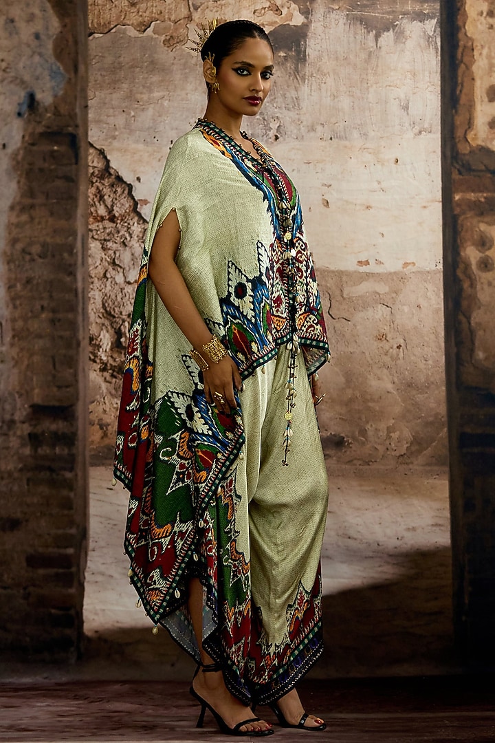 Eggshell & Blue Silk Dupion Printed Cape-Style Tunic Set by Rajdeep Ranawat at Pernia's Pop Up Shop