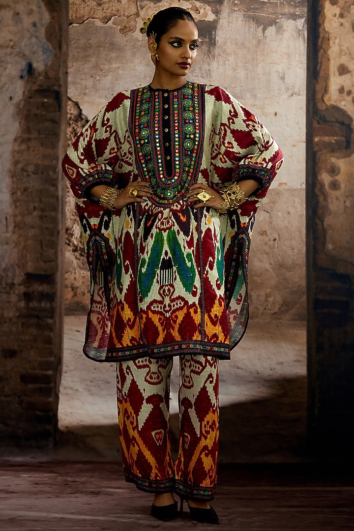 Beige-Red Silk Dupion Printed Tunic Set by Rajdeep Ranawat at Pernia's Pop Up Shop