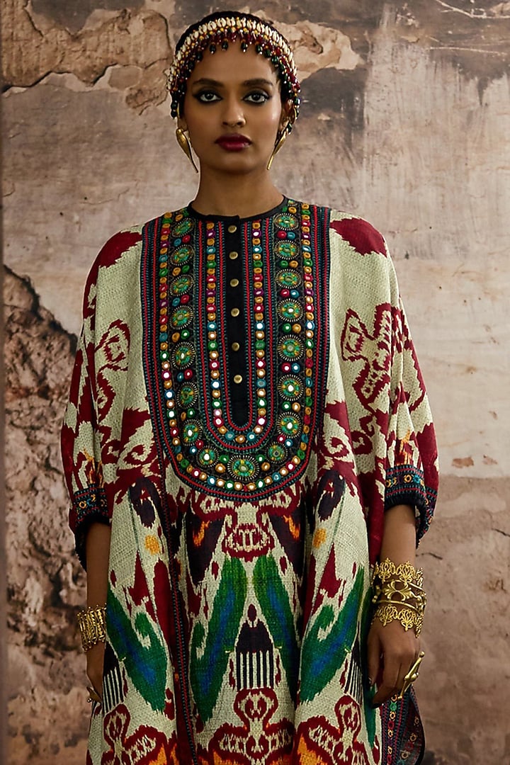 Beige-Red Silk Dupion Printed Tunic Set by Rajdeep Ranawat at Pernia's Pop Up Shop