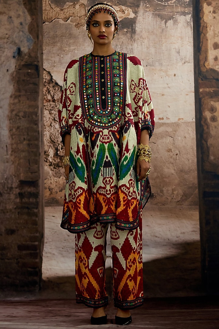 Beige-Red Silk Dupion Printed Tunic Set by Rajdeep Ranawat at Pernia's Pop Up Shop