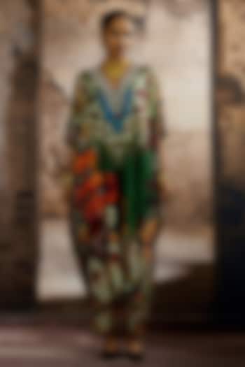 Emerald Silk Dupion Printed Kaftan Set by Rajdeep Ranawat at Pernia's Pop Up Shop