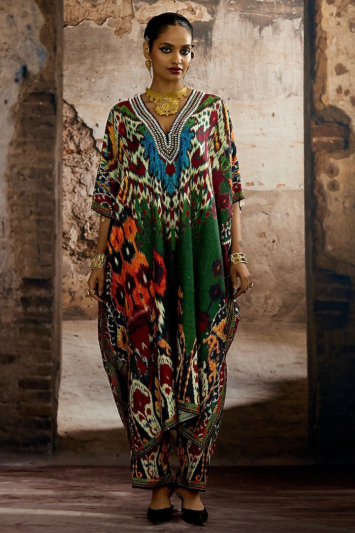 Emerald Silk Dupion Printed Kaftan Set by Rajdeep Ranawat at Pernia's Pop Up Shop