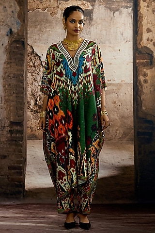 Emerald Silk Dupion Printed Kaftan Set by Rajdeep Ranawat