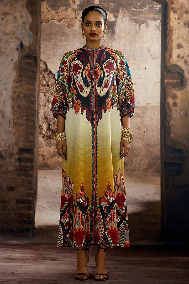 Mustard Cotton Linen Printed A-line Vacation Dress by Rajdeep Ranawat at Pernia's Pop Up Shop
