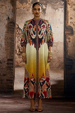 Mustard Cotton Linen Printed A-line Dress by Rajdeep Ranawat