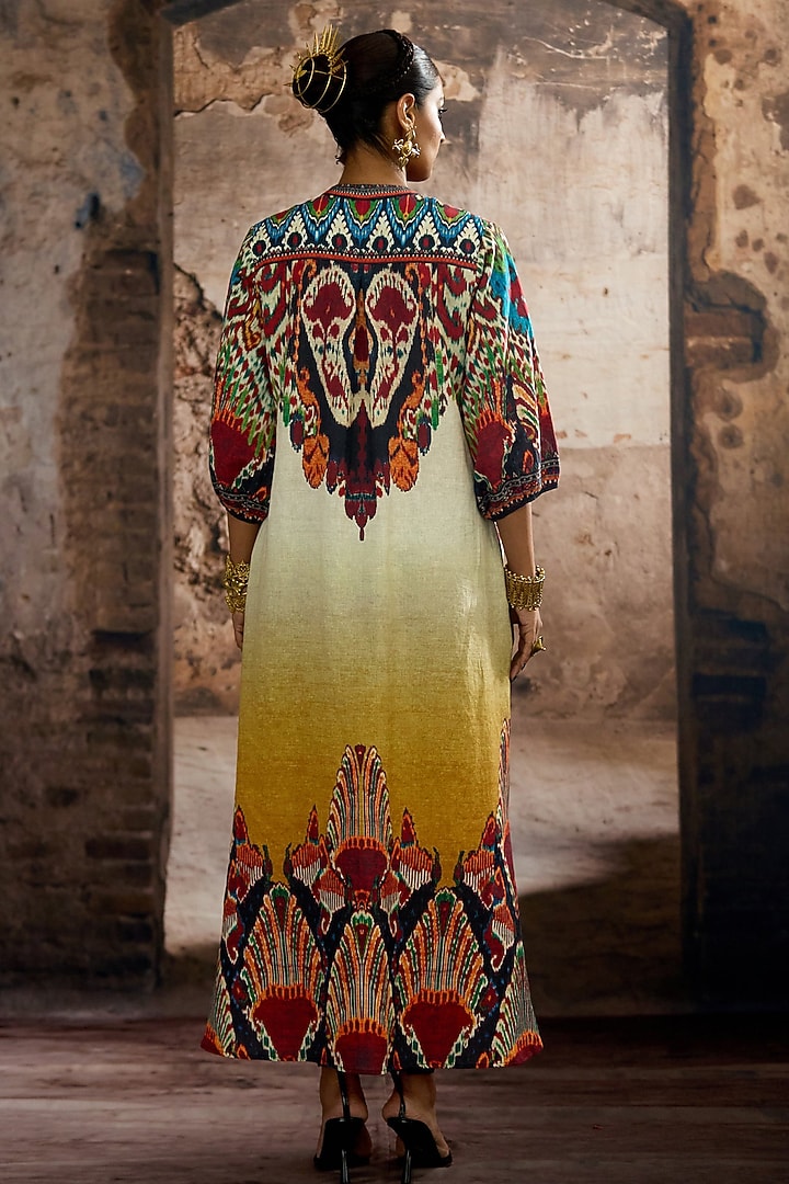 Mustard Cotton Linen Printed A-line Vacation Dress by Rajdeep Ranawat at Pernia's Pop Up Shop