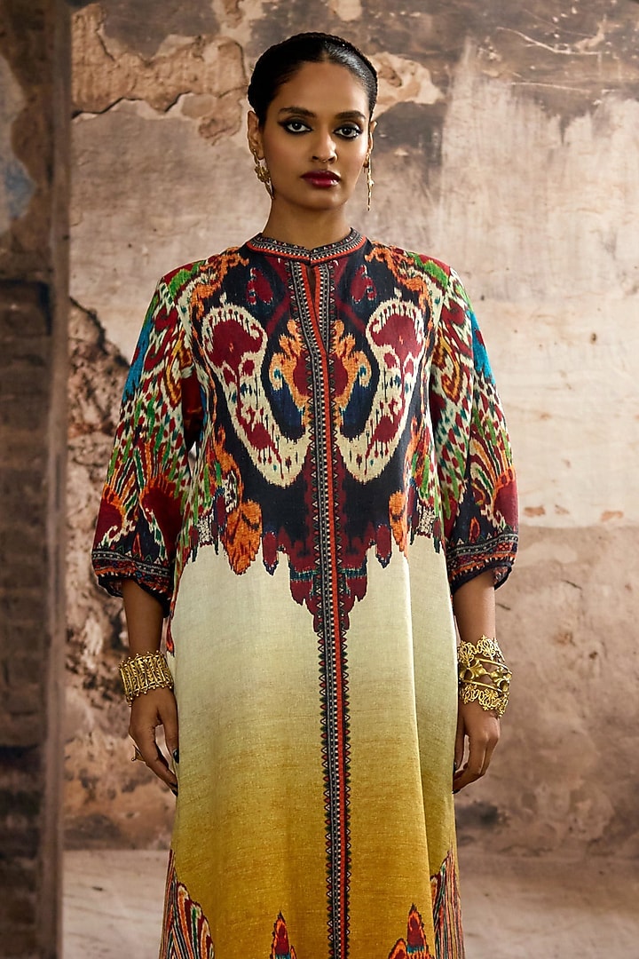 Mustard Cotton Linen Printed A-line Vacation Dress by Rajdeep Ranawat at Pernia's Pop Up Shop