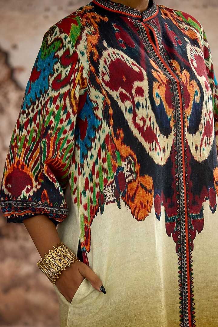 Mustard Cotton Linen Printed A-line Vacation Dress by Rajdeep Ranawat at Pernia's Pop Up Shop