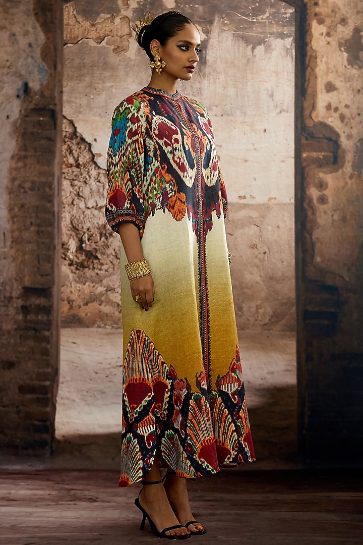 Mustard Cotton Linen Printed A-line Vacation Dress by Rajdeep Ranawat at Pernia's Pop Up Shop