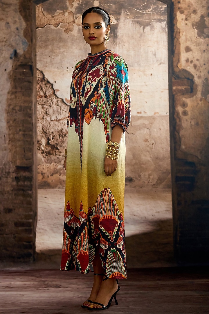 Mustard Cotton Linen Printed A-line Vacation Dress by Rajdeep Ranawat at Pernia's Pop Up Shop