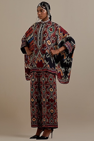 Red-Black Silk Printed Kimono Tunic Set by Rajdeep Ranawat