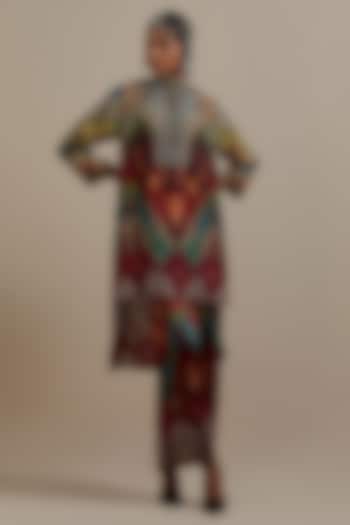 Maroon & Multi-Colored Silk Printed High-Low Tunic Set by Rajdeep Ranawat at Pernia's Pop Up Shop