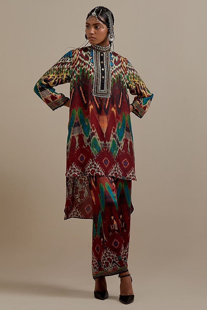 Maroon & Multi-Colored Silk Printed High-Low Tunic Set by Rajdeep Ranawat at Pernia's Pop Up Shop