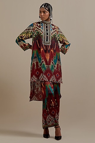 Maroon & Multi-Colored Silk Printed High-Low Tunic Set by Rajdeep Ranawat