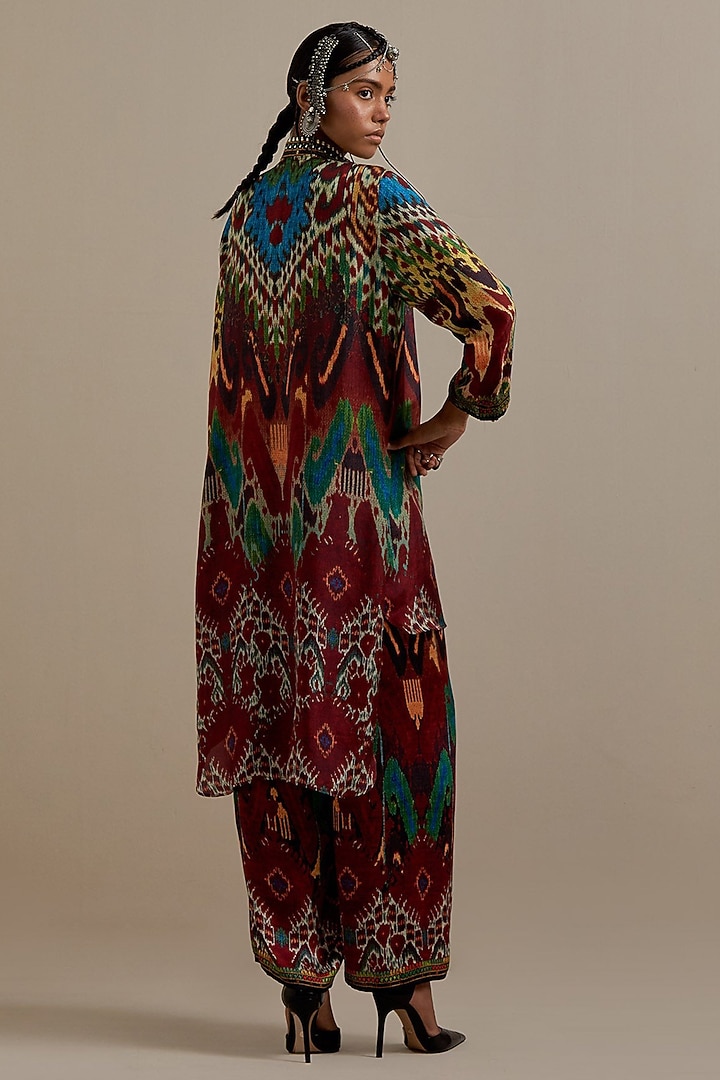 Maroon & Multi-Colored Silk Printed High-Low Tunic Set by Rajdeep Ranawat at Pernia's Pop Up Shop