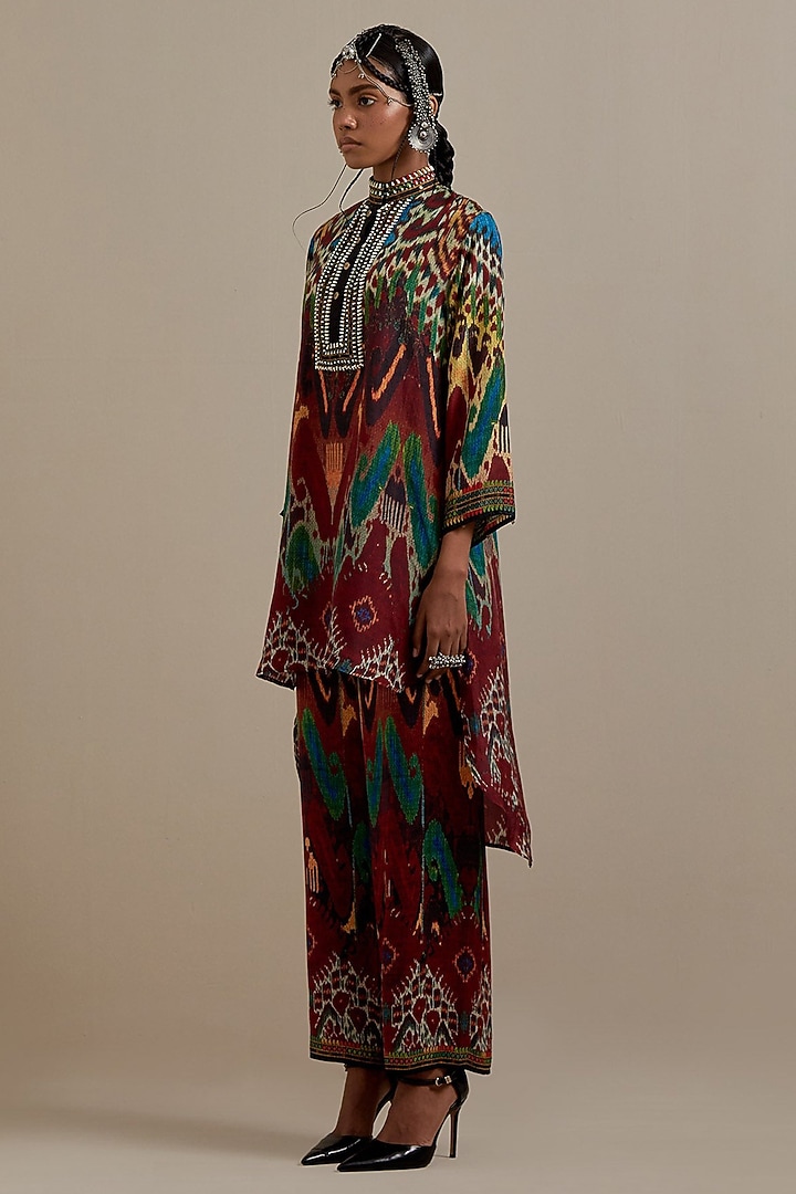 Maroon & Multi-Colored Silk Printed High-Low Tunic Set by Rajdeep Ranawat at Pernia's Pop Up Shop