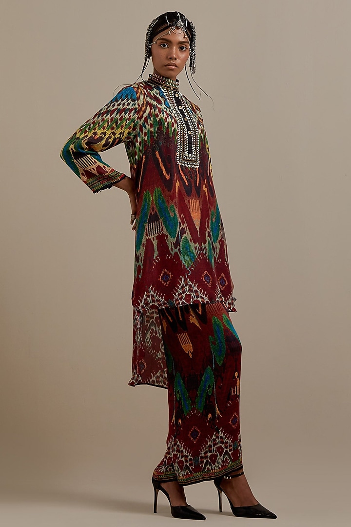 Maroon & Multi-Colored Silk Printed High-Low Tunic Set by Rajdeep Ranawat at Pernia's Pop Up Shop