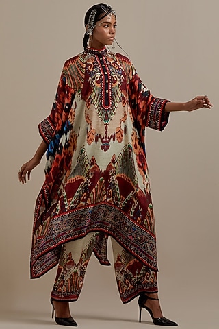 Egg-Shell & Multi-Colored Silk Printed Tunic Set by Rajdeep Ranawat