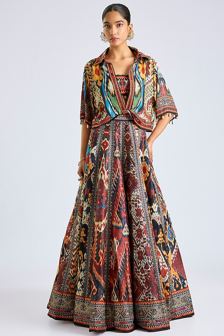 Multi-Colored Poly Lycra Printed Jacket Wedding Lehenga Set by Rajdeep Ranawat at Pernia's Pop Up Shop