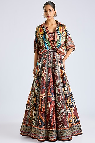 Multi-Colored Poly Dupion Printed Skirt Set by Rajdeep Ranawat