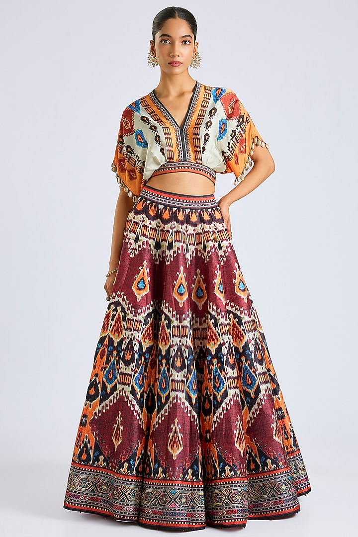 Beige & Maroon Modal Satin Printed Wedding Lehenga Set by Rajdeep Ranawat at Pernia's Pop Up Shop