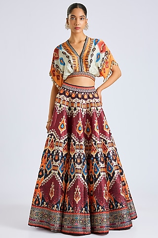 Beige & Maroon Poly Dupion Printed Skirt Set by Rajdeep Ranawat