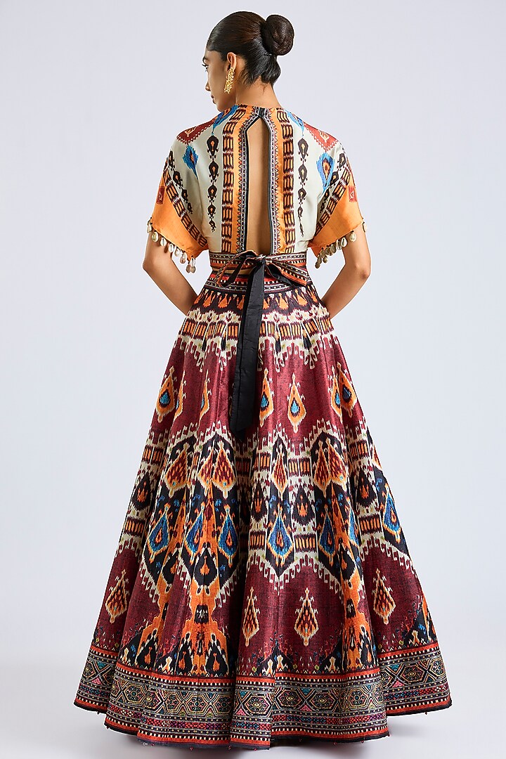 Beige & Maroon Poly Dupion Printed Skirt Set by Rajdeep Ranawat at Pernia's Pop Up Shop