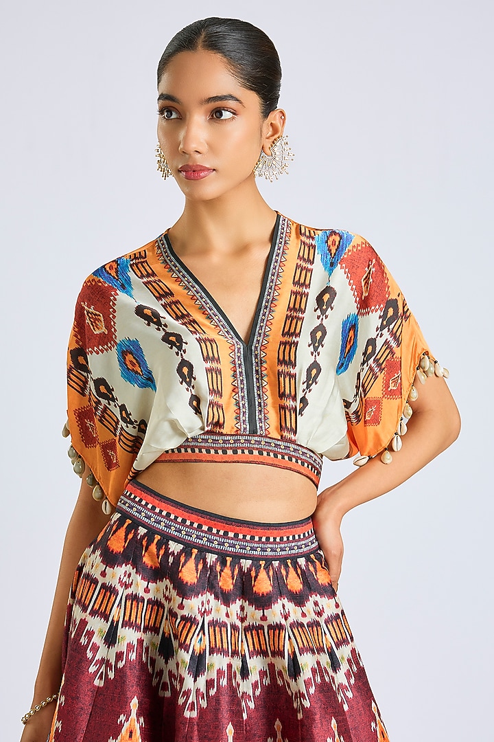 Beige & Maroon Poly Dupion Printed Skirt Set by Rajdeep Ranawat at Pernia's Pop Up Shop