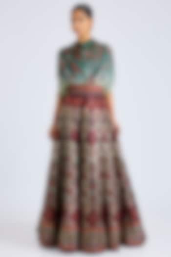 Maroon & Green Modal Satin Printed Wedding Lehenga Set by Rajdeep Ranawat at Pernia's Pop Up Shop