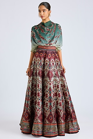Maroon & Green Poly Dupion Printed Skirt Set by Rajdeep Ranawat