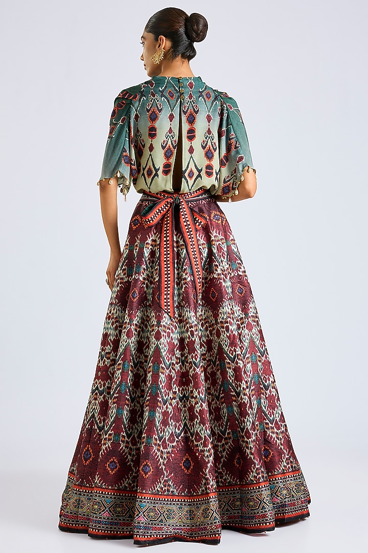 Maroon & Green Poly Dupion Printed Skirt Set by Rajdeep Ranawat at Pernia's Pop Up Shop