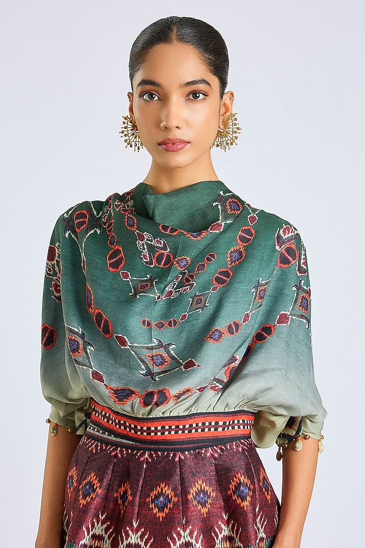 Maroon & Green Poly Dupion Printed Skirt Set by Rajdeep Ranawat at Pernia's Pop Up Shop