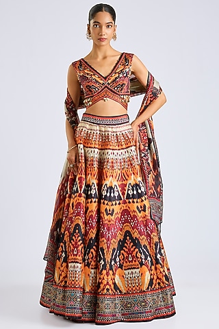 Multi-Colored Poly Dupion Printed Lehenga Set by Rajdeep Ranawat