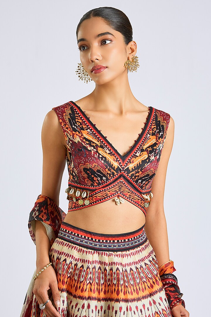 Multi-Colored Poly Dupion Printed Wedding Lehenga Set by Rajdeep Ranawat at Pernia's Pop Up Shop