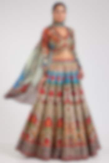 Multi-Colored Poly Dupion Printed Wedding Lehenga Set by Rajdeep Ranawat at Pernia's Pop Up Shop