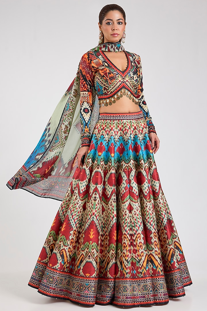 Multi-Colored Poly Dupion Printed Wedding Lehenga Set by Rajdeep Ranawat at Pernia's Pop Up Shop