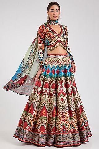 Multi-Colored Poly Dupion Printed Lehenga Set by Rajdeep Ranawat