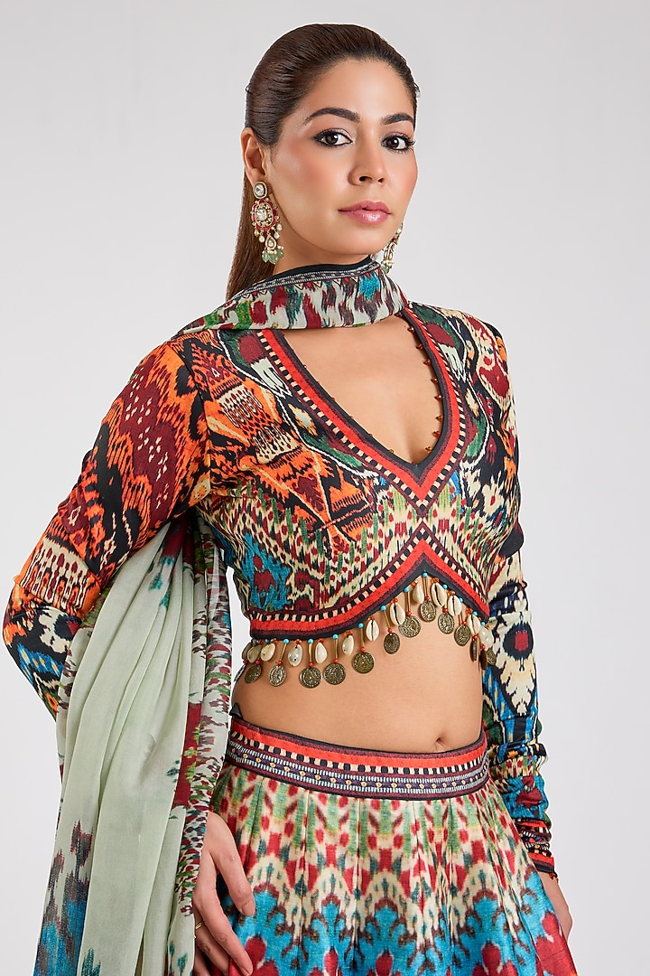 Multi-Colored Poly Dupion Printed Wedding Lehenga Set by Rajdeep Ranawat at Pernia's Pop Up Shop