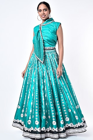 Turquoise Dupion Lehenga Set by Rajdeep Ranawat