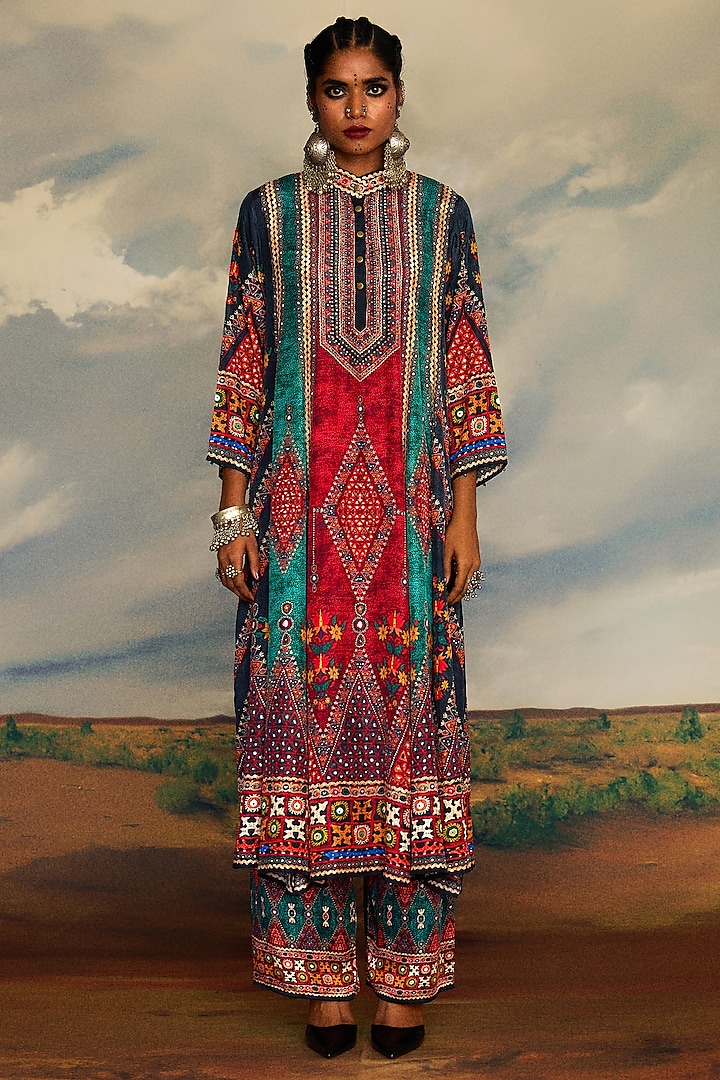 Multi-Colored Silk Printed Panelled Anarkali Tunic Set by Rajdeep Ranawat