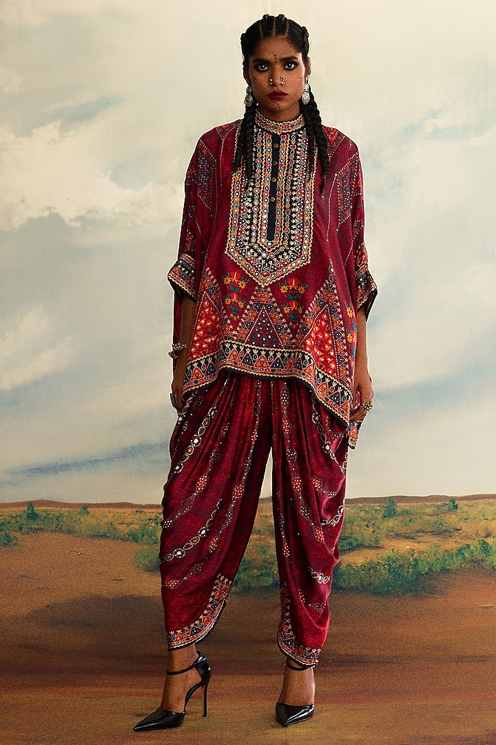 Red Silk Printed & Embroidered Tunic Set by Rajdeep Ranawat