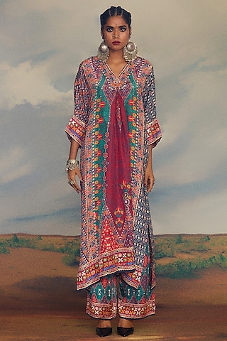 Multi-Colored Silk Printed Kimono Tunic Set by Rajdeep Ranawat