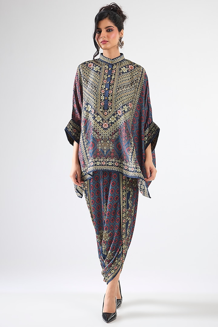 Blue & Maroon Silk Printed Dhoti Set by Rajdeep Ranawat at Pernia's Pop Up Shop