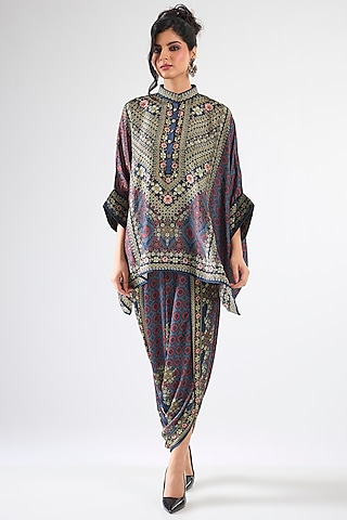 Blue & Maroon Silk Printed Dhoti Set by Rajdeep Ranawat