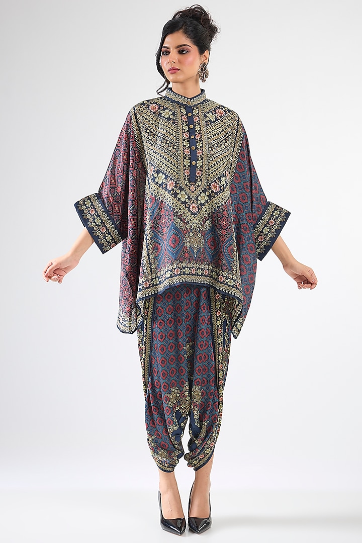 Blue & Maroon Silk Printed Dhoti Set by Rajdeep Ranawat at Pernia's Pop Up Shop