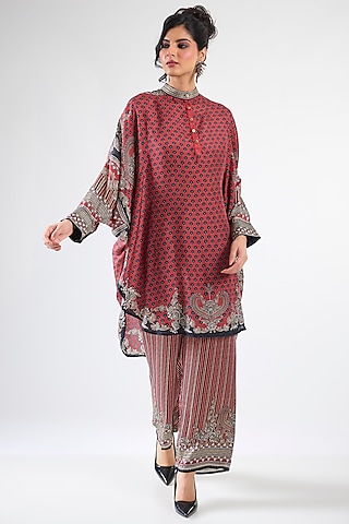 Maroon Silk & Modal Printed Shirt Tunic Set by Rajdeep Ranawat