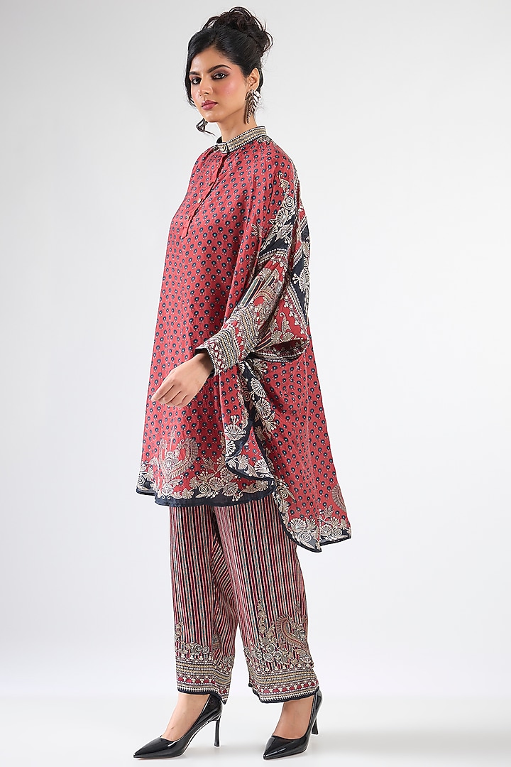 Maroon Silk & Modal Printed Shirt Tunic Set by Rajdeep Ranawat at Pernia's Pop Up Shop
