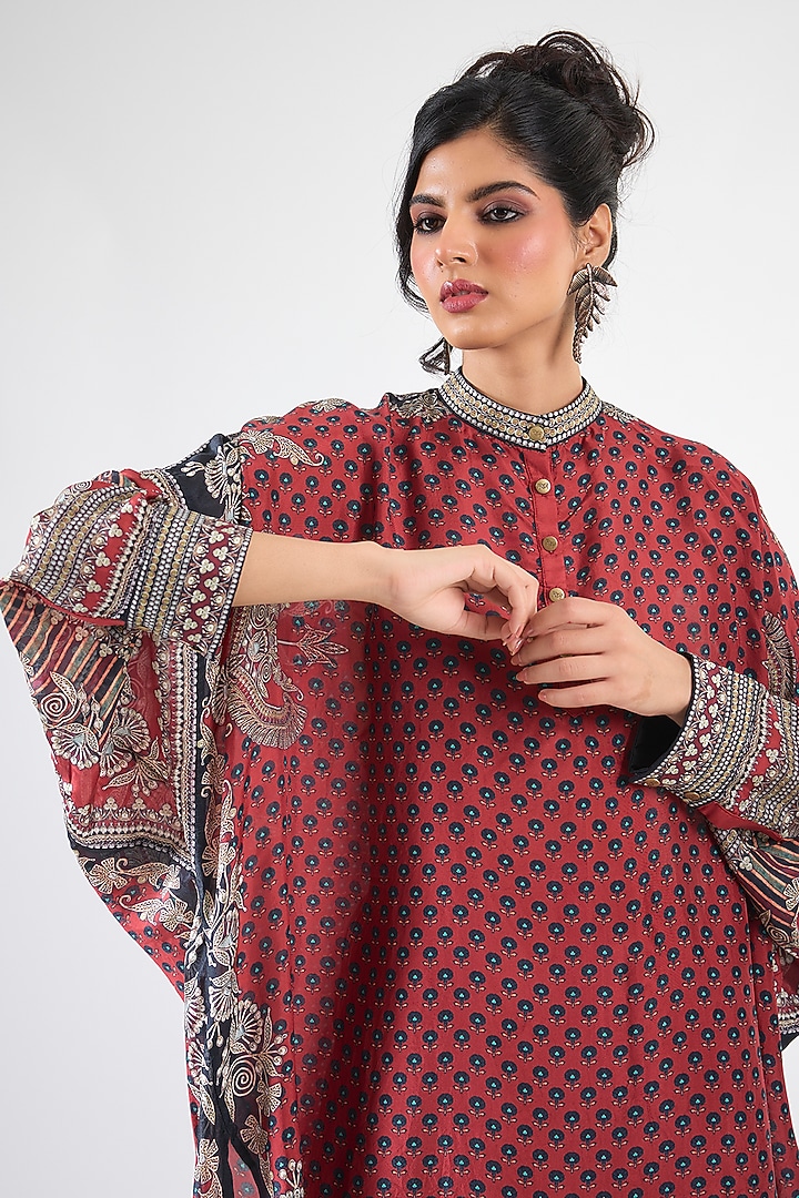 Maroon Silk & Modal Printed Shirt Tunic Set by Rajdeep Ranawat at Pernia's Pop Up Shop